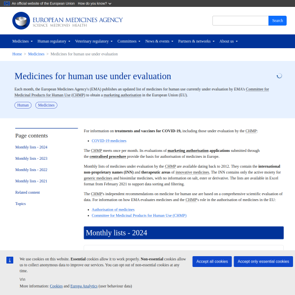 EMA Medicines for human use under evaluation