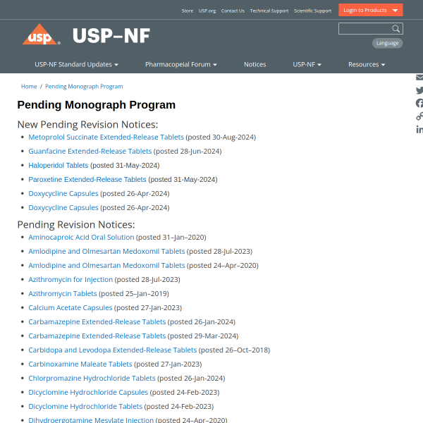 USP - Pending Monographs